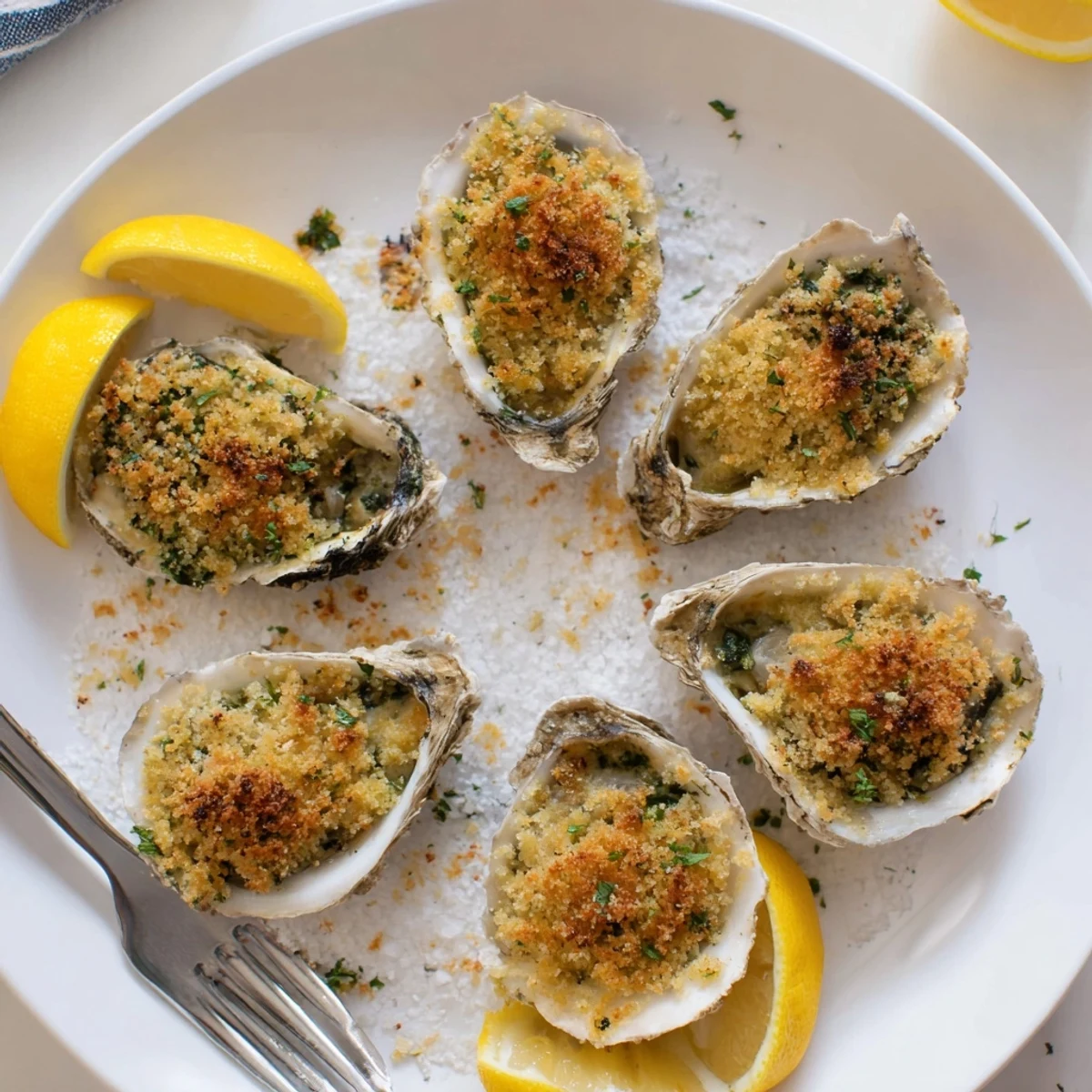 Freshly baked Romantic Oysters Rockefeller plated with lemon wedges, highlighting rich butter, spinach, and golden crust.