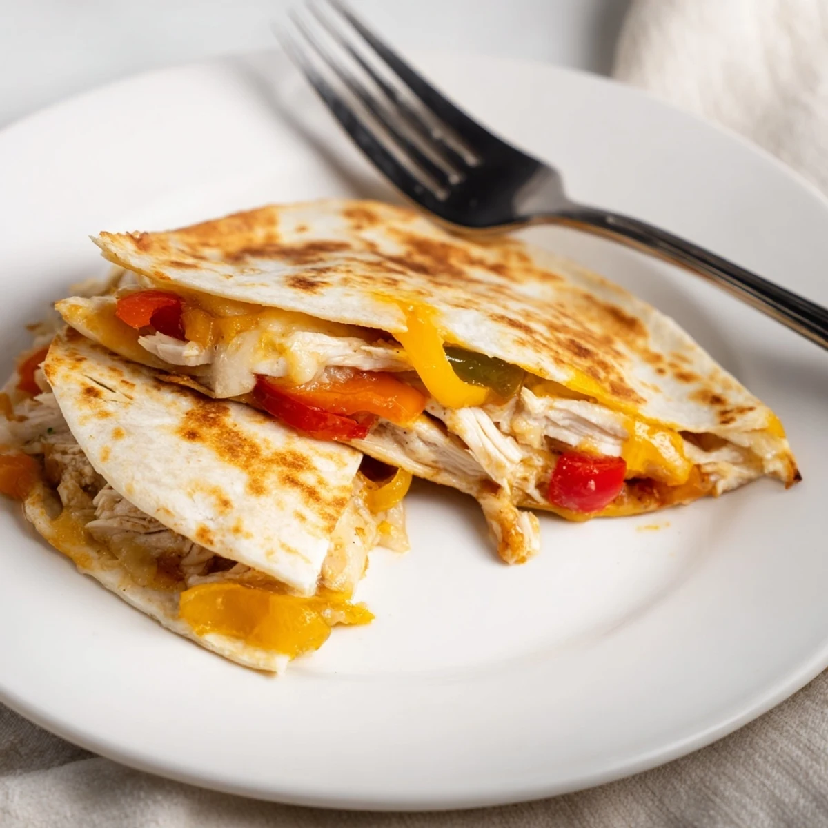 A close-up view of cheesy Chicken Quesadillas with Peppers and Onions, revealing tender chicken and colorful sautéed vegetables.