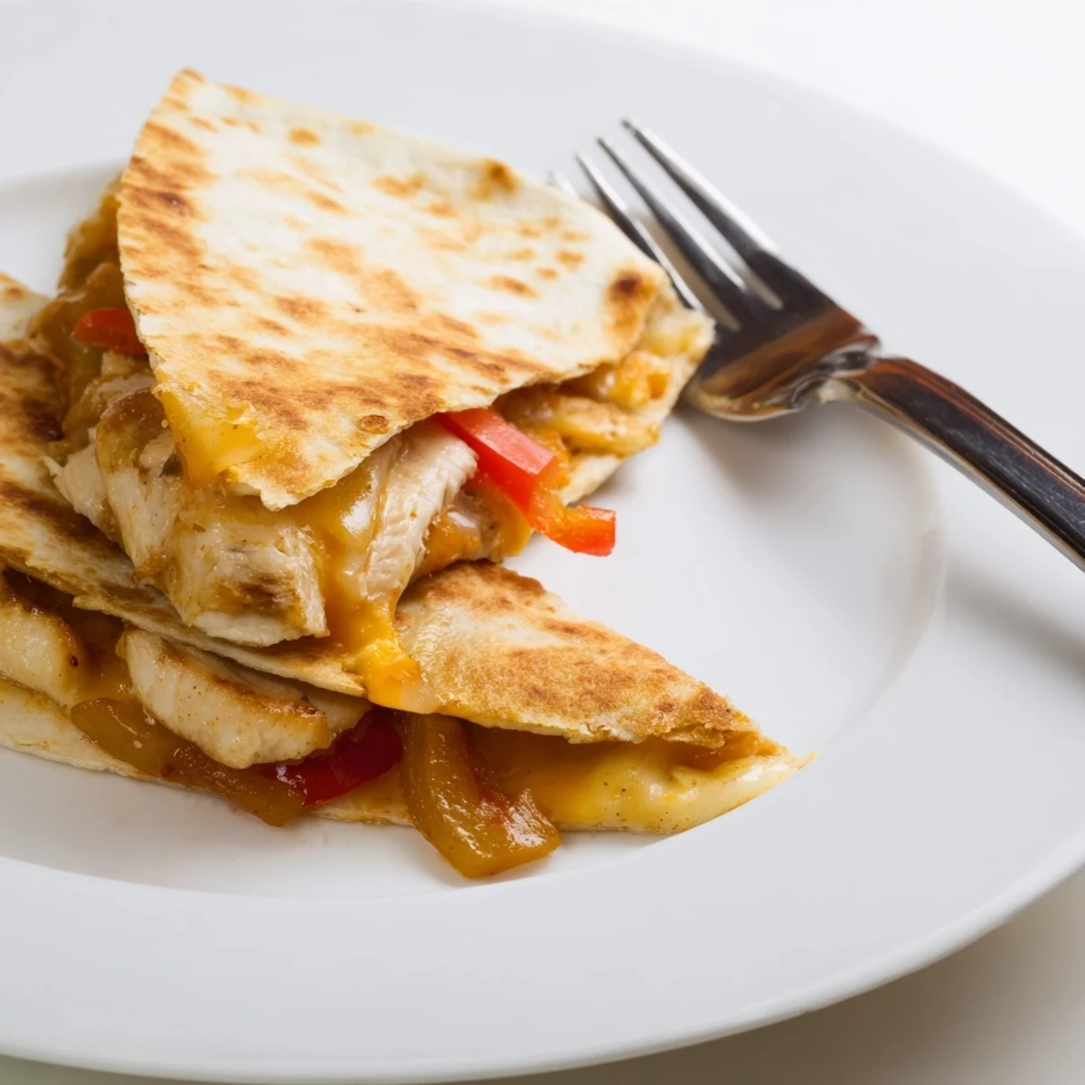 Golden-brown Chicken Quesadillas with Peppers and Onions, sliced into wedges and served with fresh cilantro and lime.