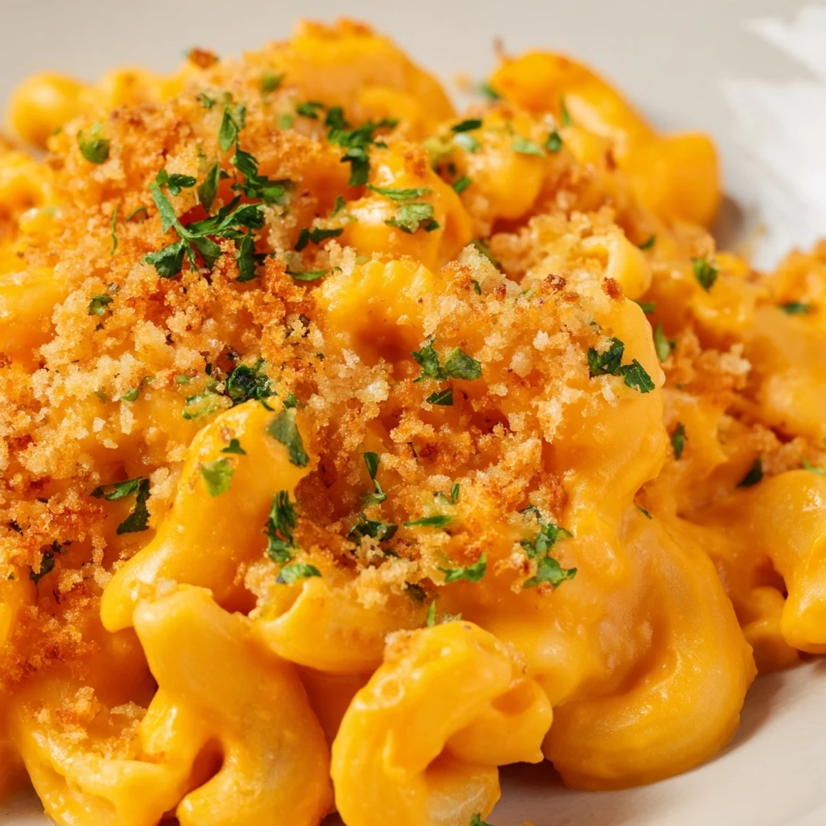A close-up of Vegan Butternut Squash Mac and Cheese in a rustic bowl, showcasing the creamy orange sauce clinging to al dente pasta.