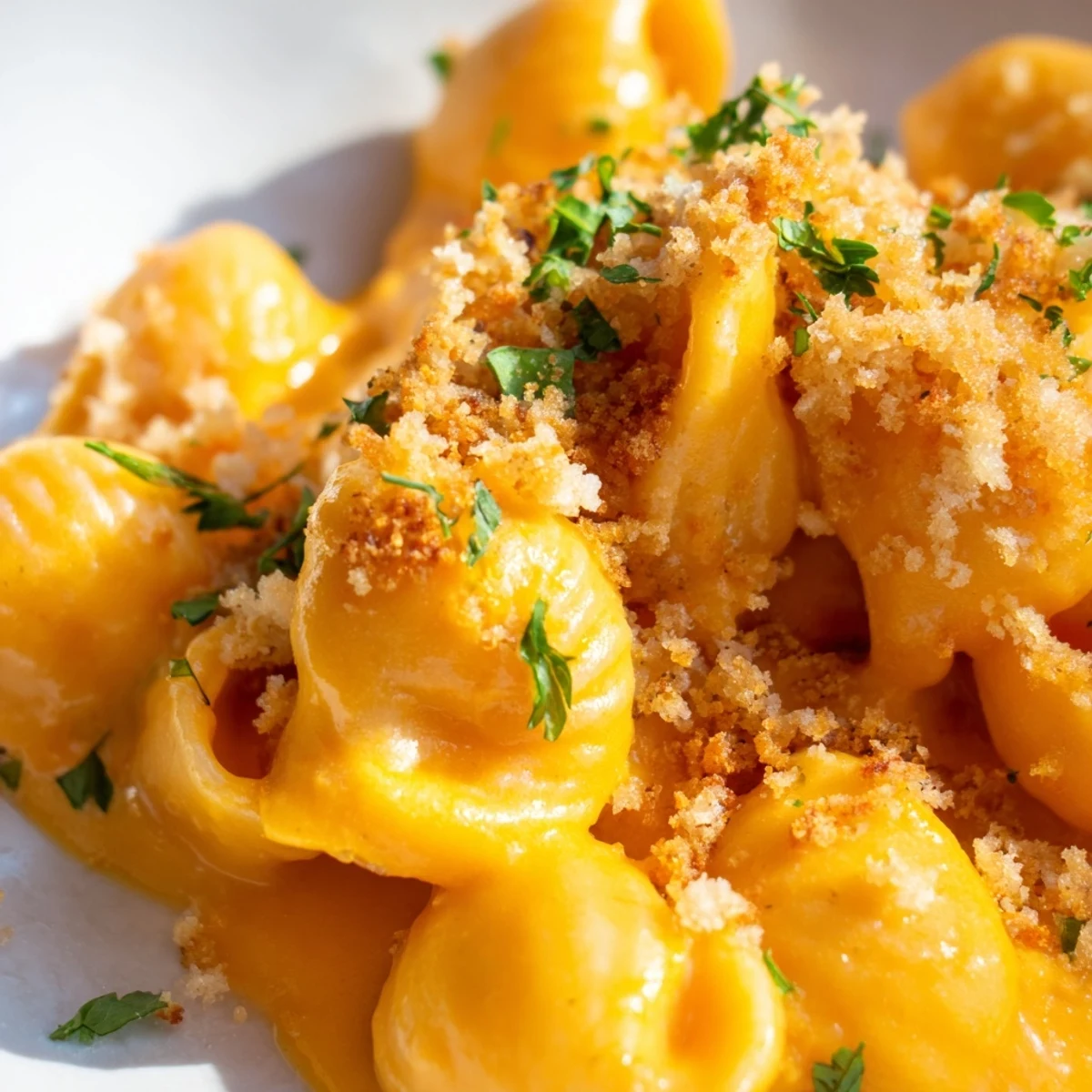 Vegan Butternut Squash Mac and Cheese served steaming in a white ceramic dish, garnished with golden panko breadcrumbs and fresh parsley.