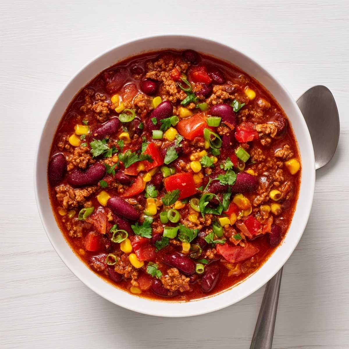 Close-up of Turkey Chili with Kidney Beans and Corn, featuring tender ground turkey, red beans, and sweet corn kernels in a rich tomato broth.