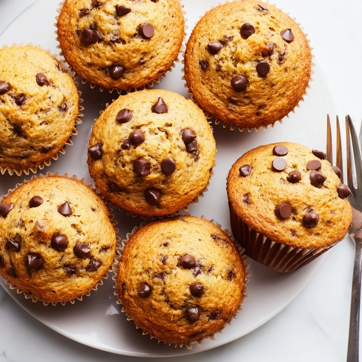 Golden-brown Chocolate Chip Banana Bread Muffins served on a rustic wooden board, with steam rising from the moist crumb and melty chocolate chips glistening.