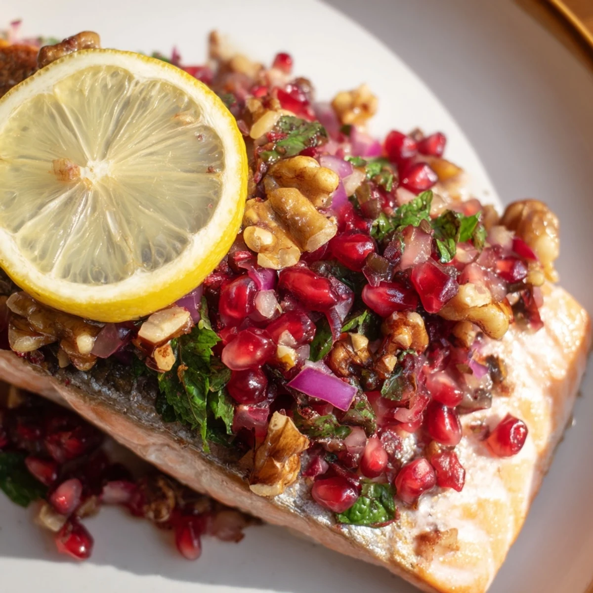 Tender baked salmon fillets topped with vibrant pomegranate walnut salsa, garnished with fresh parsley on a white plate.  