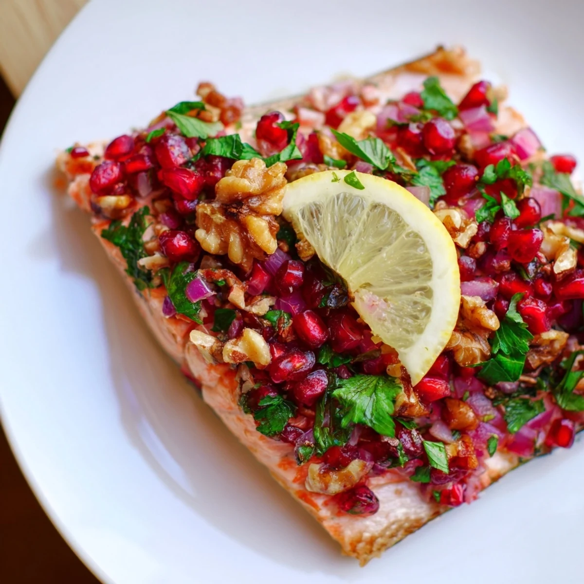 Flaky, oven-baked salmon fillet with a jewel-toned pomegranate walnut salsa, ready for a healthy, elegant dinner.