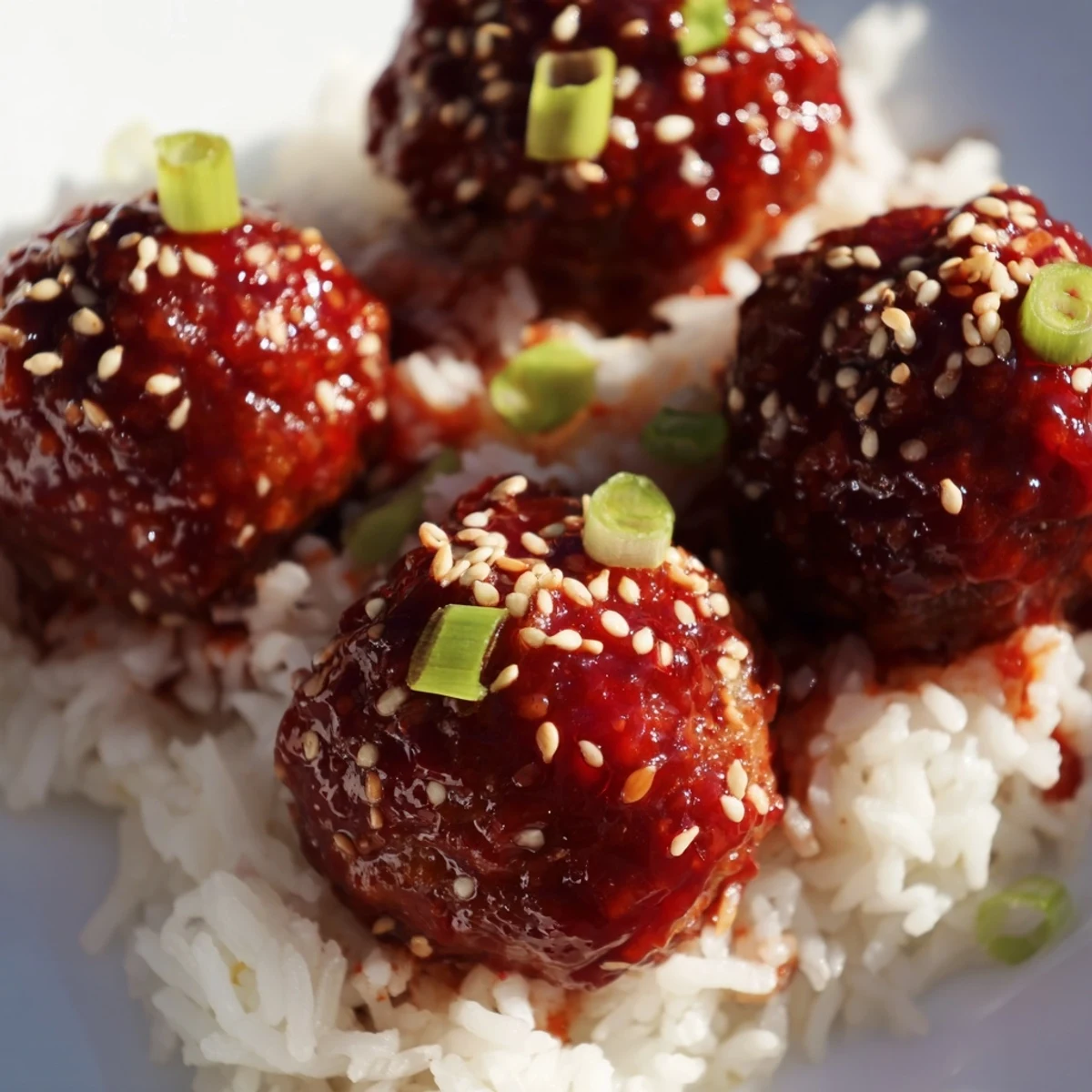 Glazed Sriracha beef meatballs bake to juicy perfection, served over fluffy steamed rice for a bold, spicy weeknight meal.