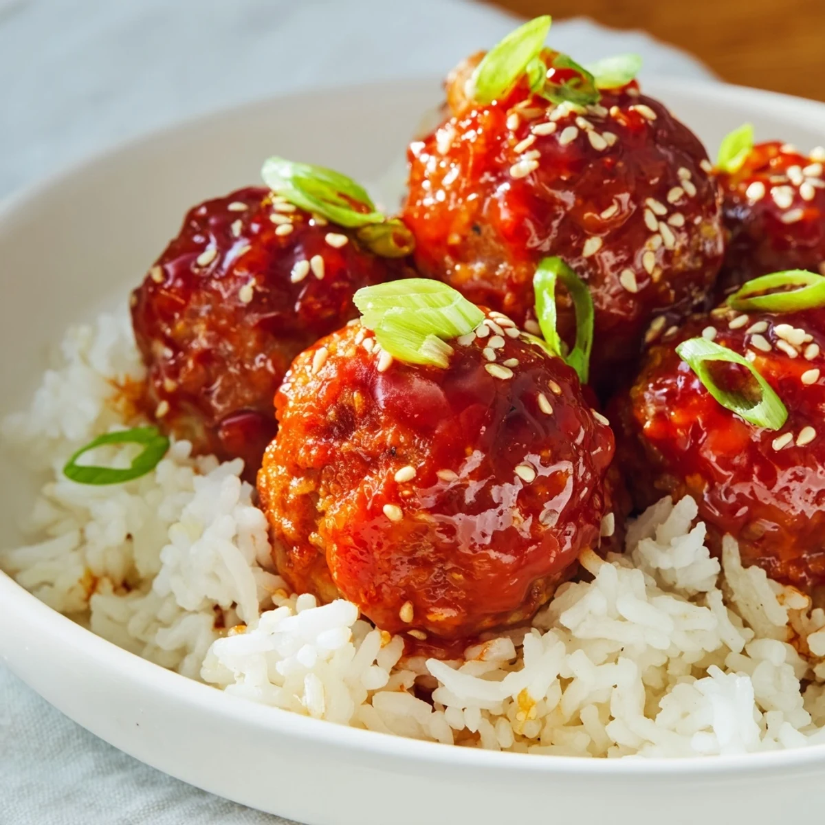 Perfectly baked Sriracha beef meatballs rest on steamed rice, garnished with fresh green onions and toasted sesame seeds.