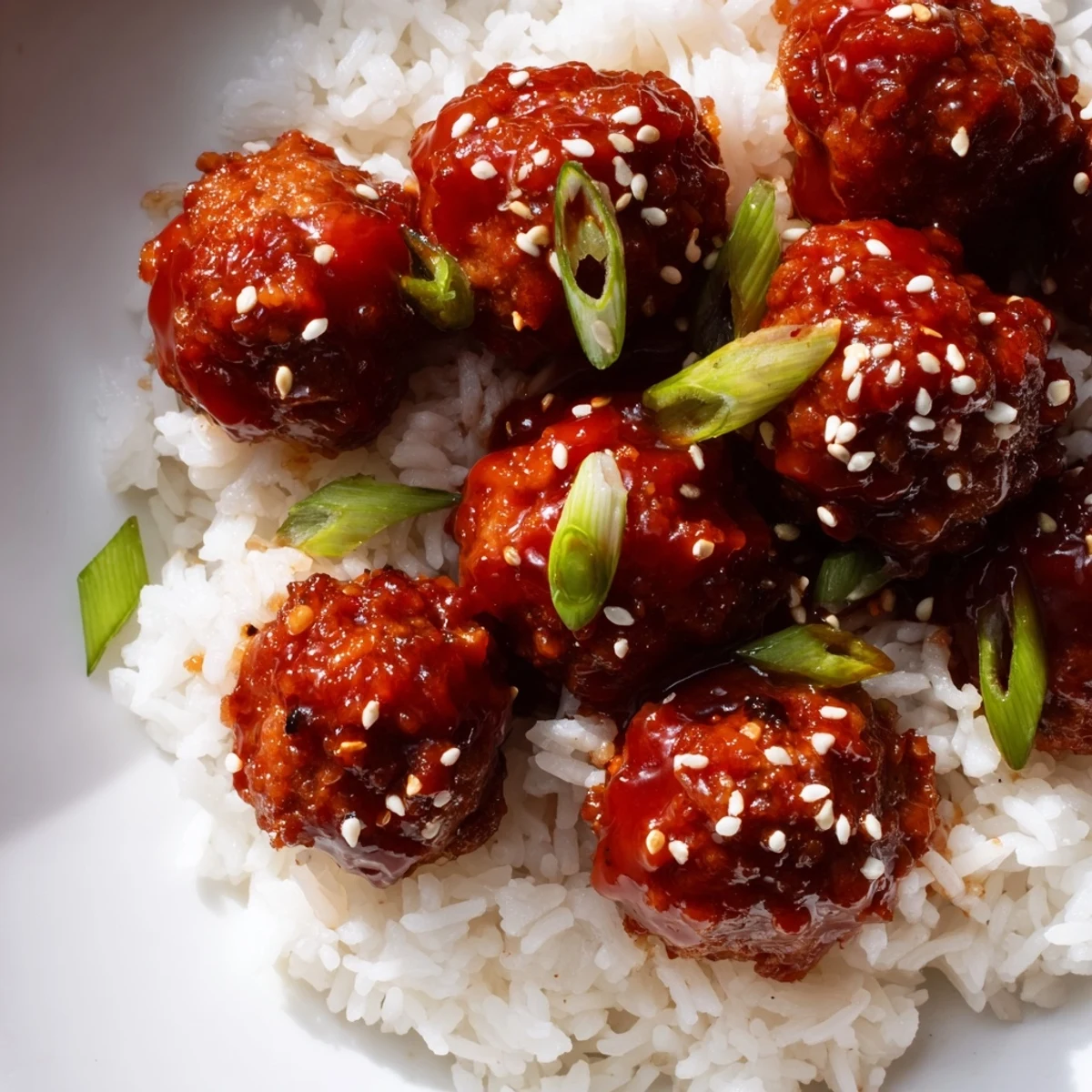 Tender Sriracha beef meatballs coated in sticky glaze sit atop fluffy rice, ready for an easy, flavorful family dinner.