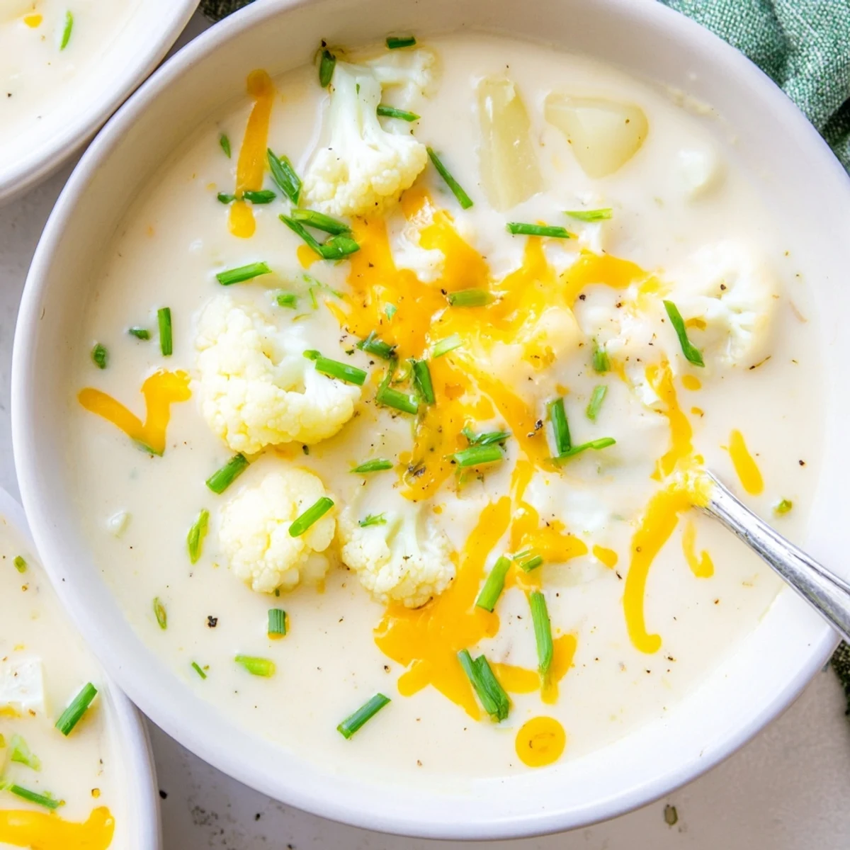 Comforting Creamy Cauliflower Chowder with Cheddar served beside crusty bread makes an easy vegetarian weeknight meal.
