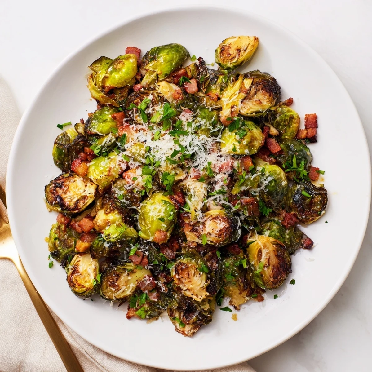 Crispy roasted Brussels sprouts with turkey bacon on a baking sheet, seasoned with garlic and smoked paprika.  