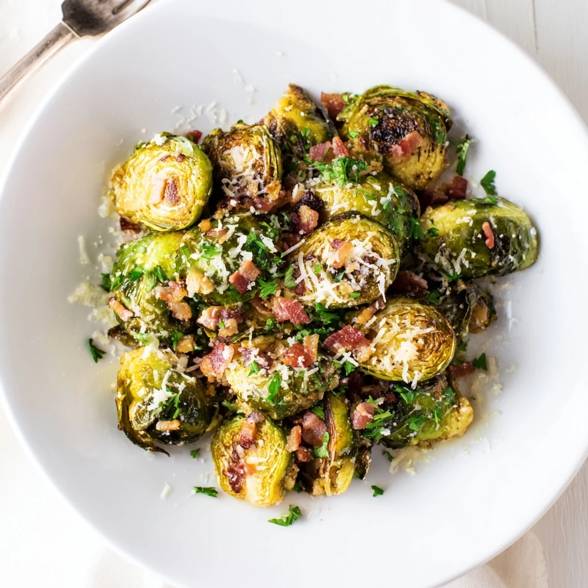 Golden roasted Brussels sprouts tossed with savory turkey bacon, perfect as a healthy gluten-free side dish.  