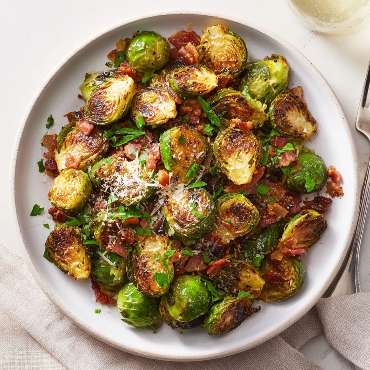 Roasted Brussels sprouts with turkey bacon garnished with parsley, served hot alongside a main course.