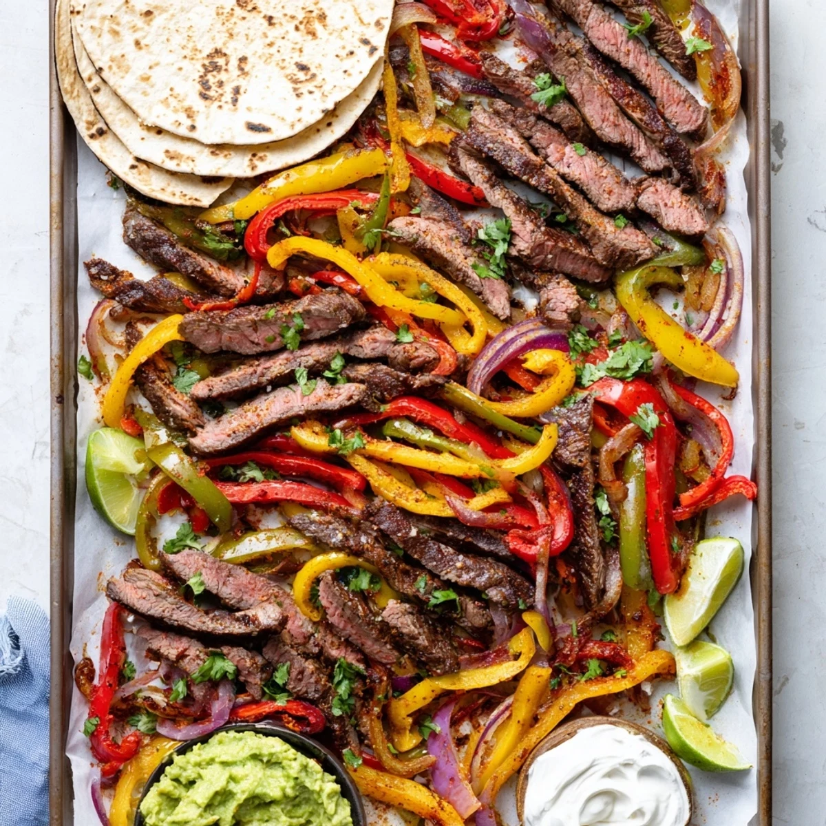 Sizzling flank steak and vibrant peppers roasted on a single sheet pan, drizzled with lime and fresh cilantro.  