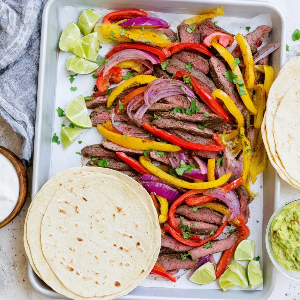 One-pan steak fajitas with tender meat and charred veggies, perfect for a quick and flavorful weeknight meal.