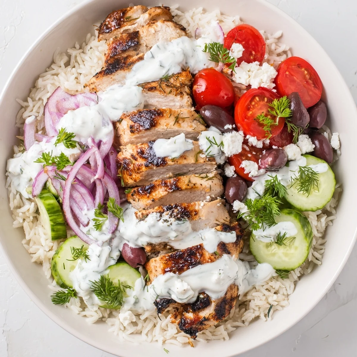Greek Chicken Gyro Bowls with Tzatziki feature grilled chicken, fluffy rice, crisp veggies, and creamy sauce, ready to serve.