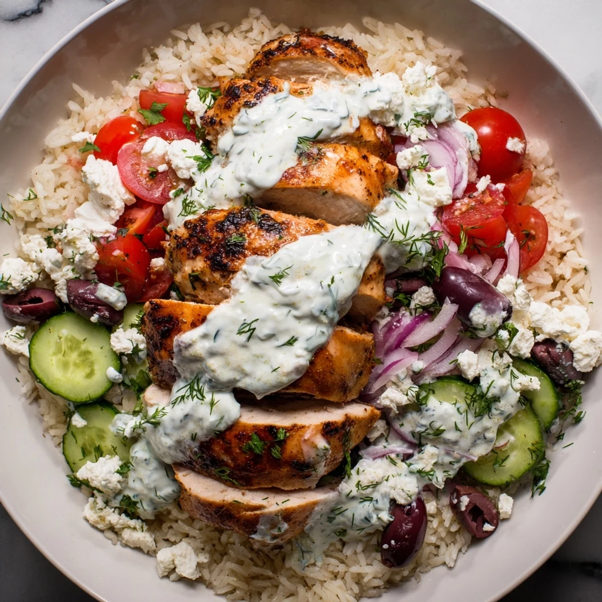 Freshly made Greek Chicken Gyro Bowls topped with feta, olives, and vibrant vegetables for a deliciously balanced meal.