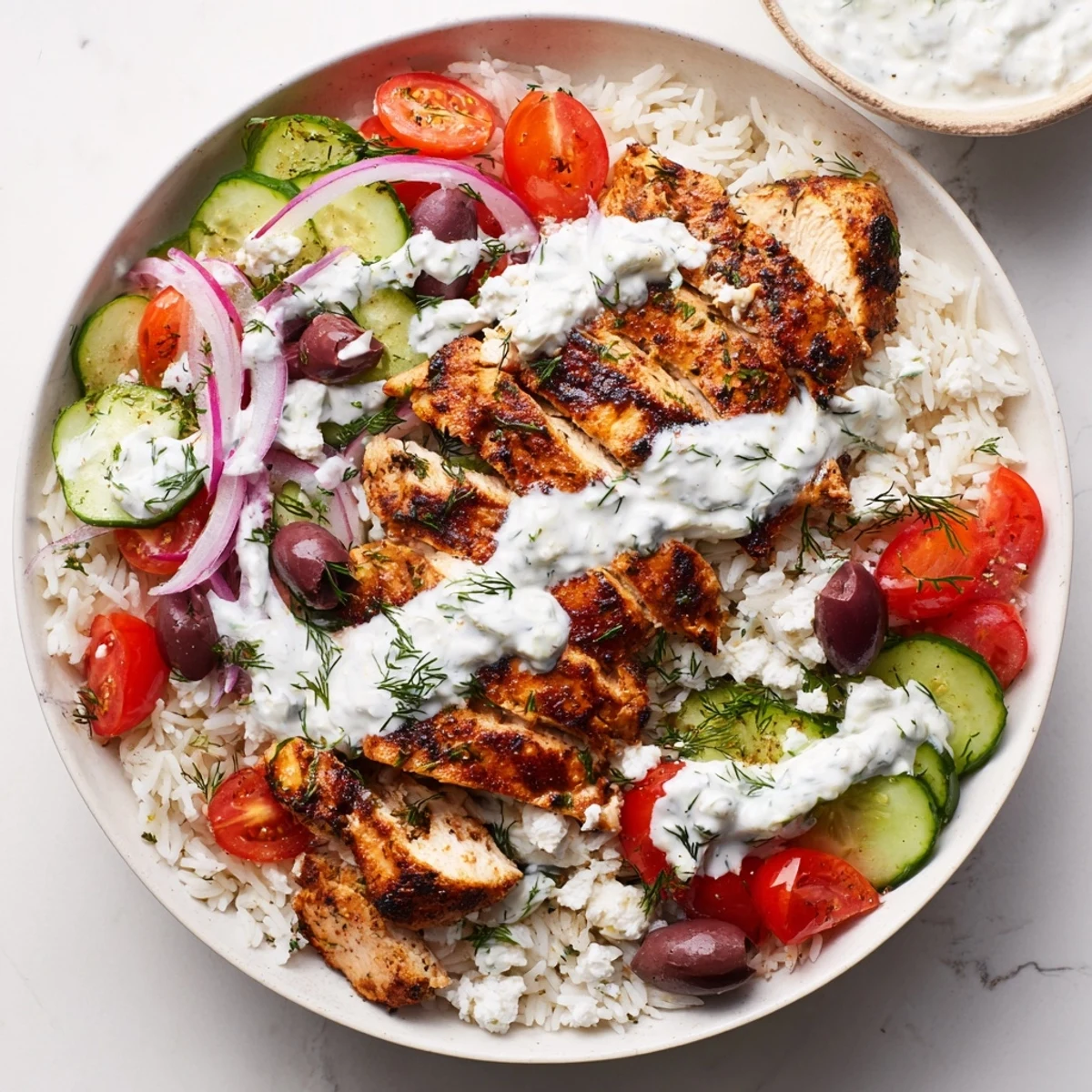 Sizzling, marinated chicken is sliced over warm rice for these Greek Chicken Gyro Bowls, finished with herby tzatziki.