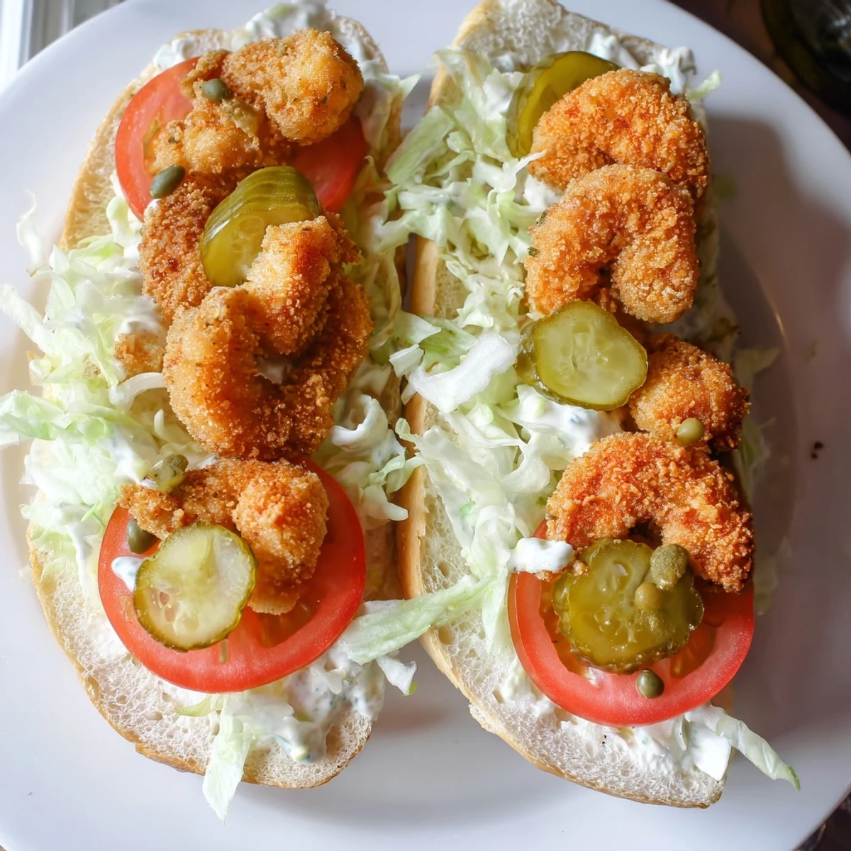 A classic New Orleans Shrimp Po Boy with Remoulade stacked high on a toasted French baguette, garnished with crisp lettuce and pickles.