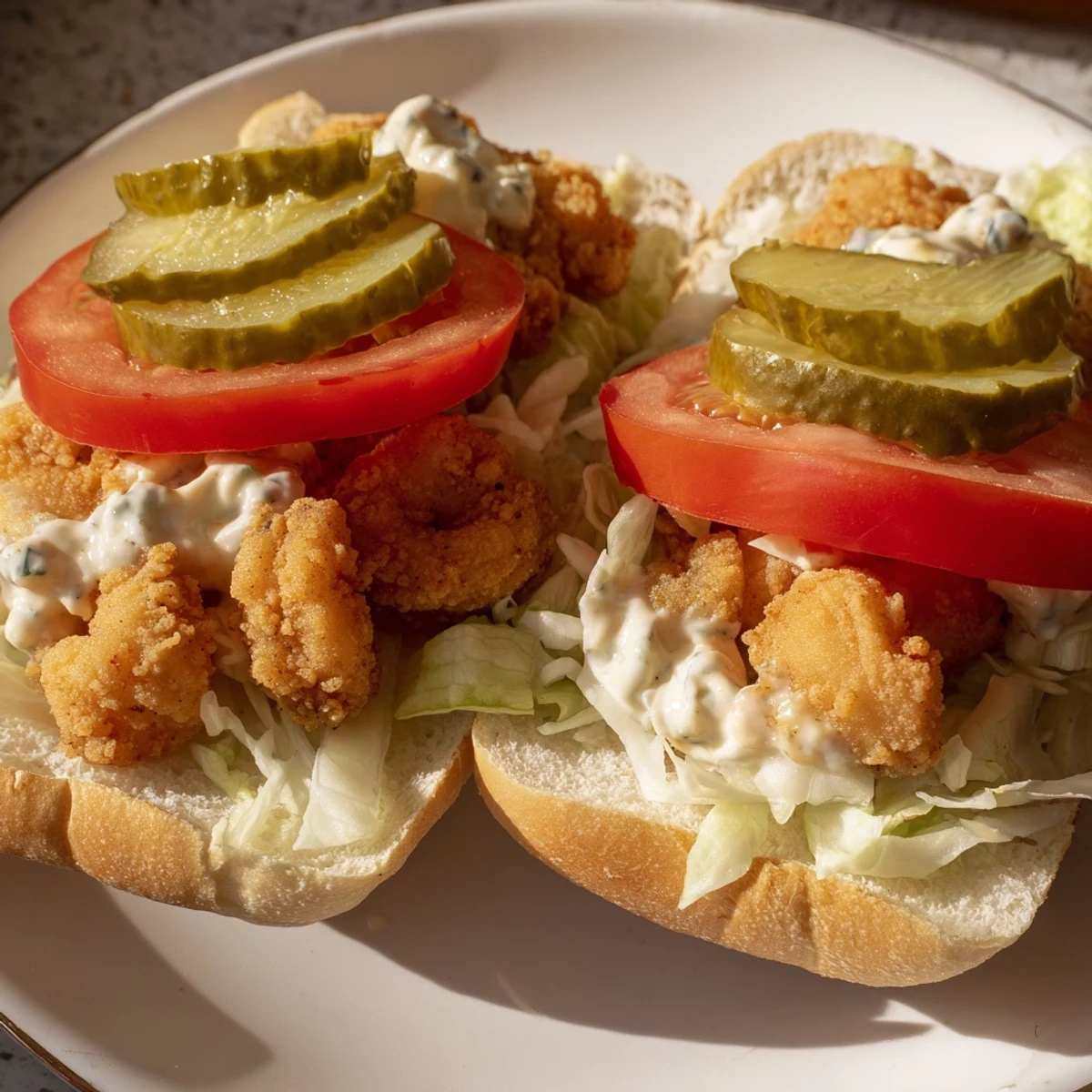 Crispy fried shrimp for a New Orleans Shrimp Po Boy with Remoulade rest inside a soft French roll with fresh tomato slices.