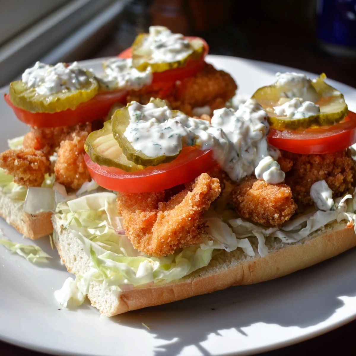 A close look at a New Orleans Shrimp Po Boy with Remoulade, featuring golden-brown shrimp and tangy remoulade sauce on crusty bread.