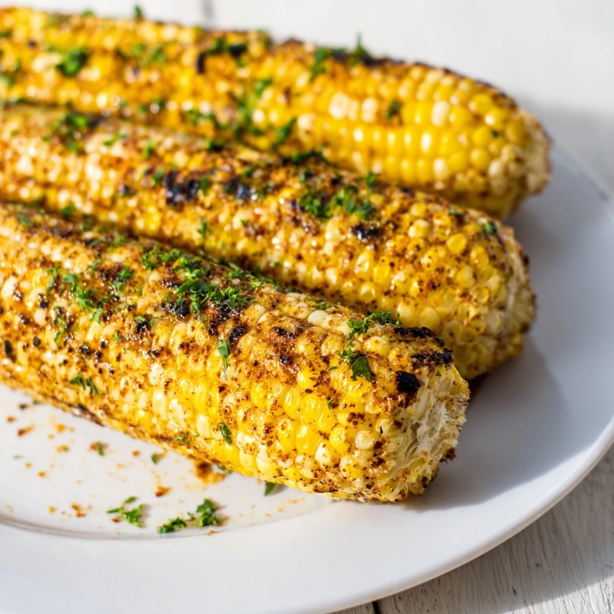 Grilled Cajun Spiced Grilled Corn on the Cob topped with fresh parsley, served alongside juicy grilled steak.