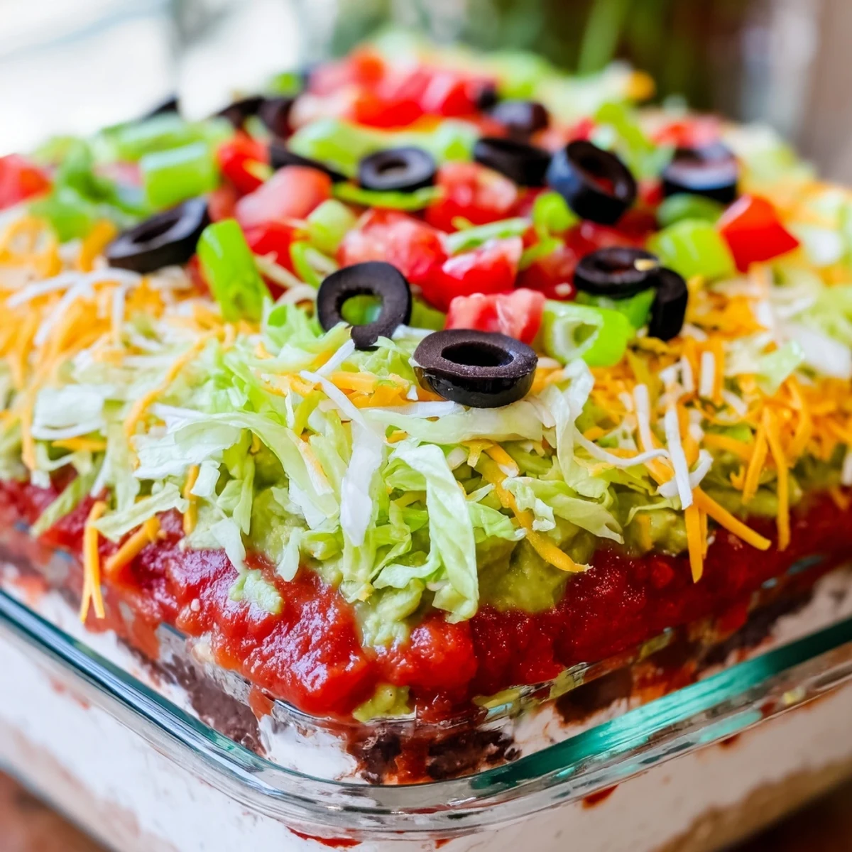 A top-down view of a homemade Super Bowl Seven Layer Taco Dip with chips, featuring vibrant layers of beans, guacamole, and cheese.