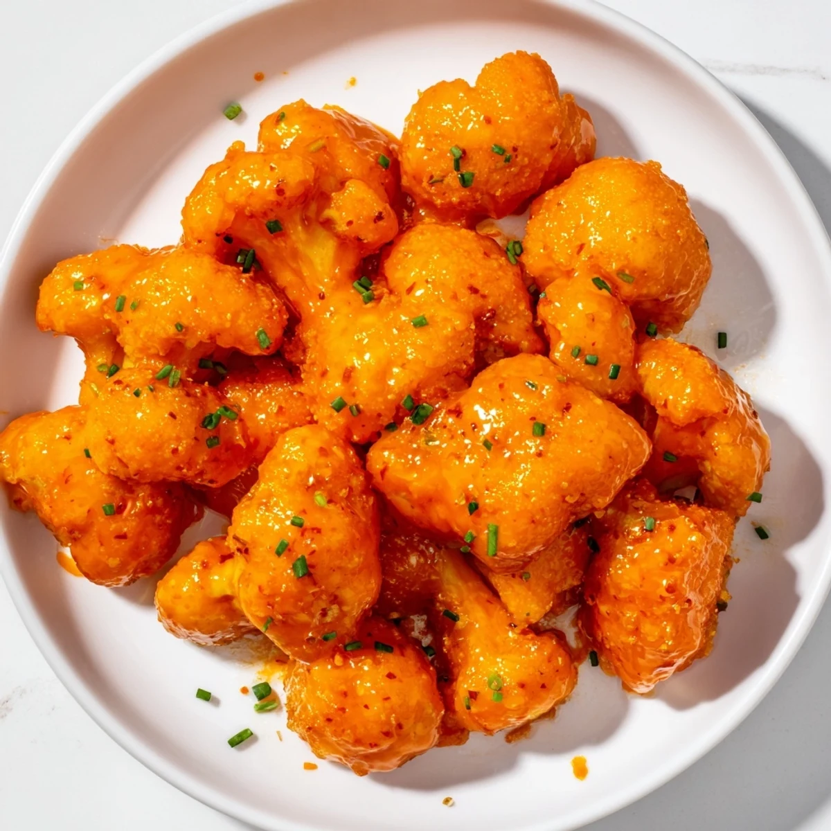 Golden-brown Championship Buffalo Cauliflower Bites piled high on a platter, drizzled with creamy ranch dressing.