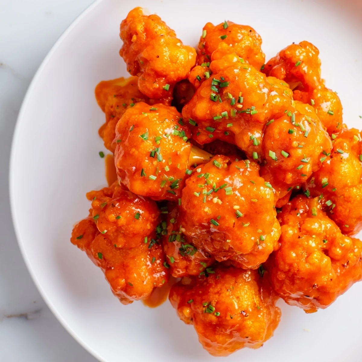 Spicy Championship Buffalo Cauliflower Bites glistening with buffalo sauce, garnished with fresh chives on a dark plate.