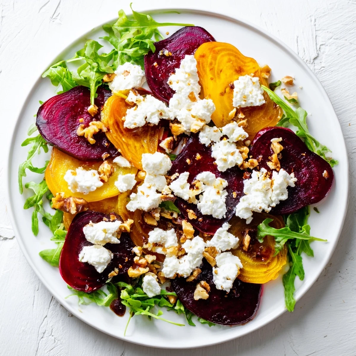 A romantic Valentine Beet and Goat Cheese Salad with sliced beets, crumbled goat cheese, and walnuts on mixed greens, served on a white platter for a special date night dinner.