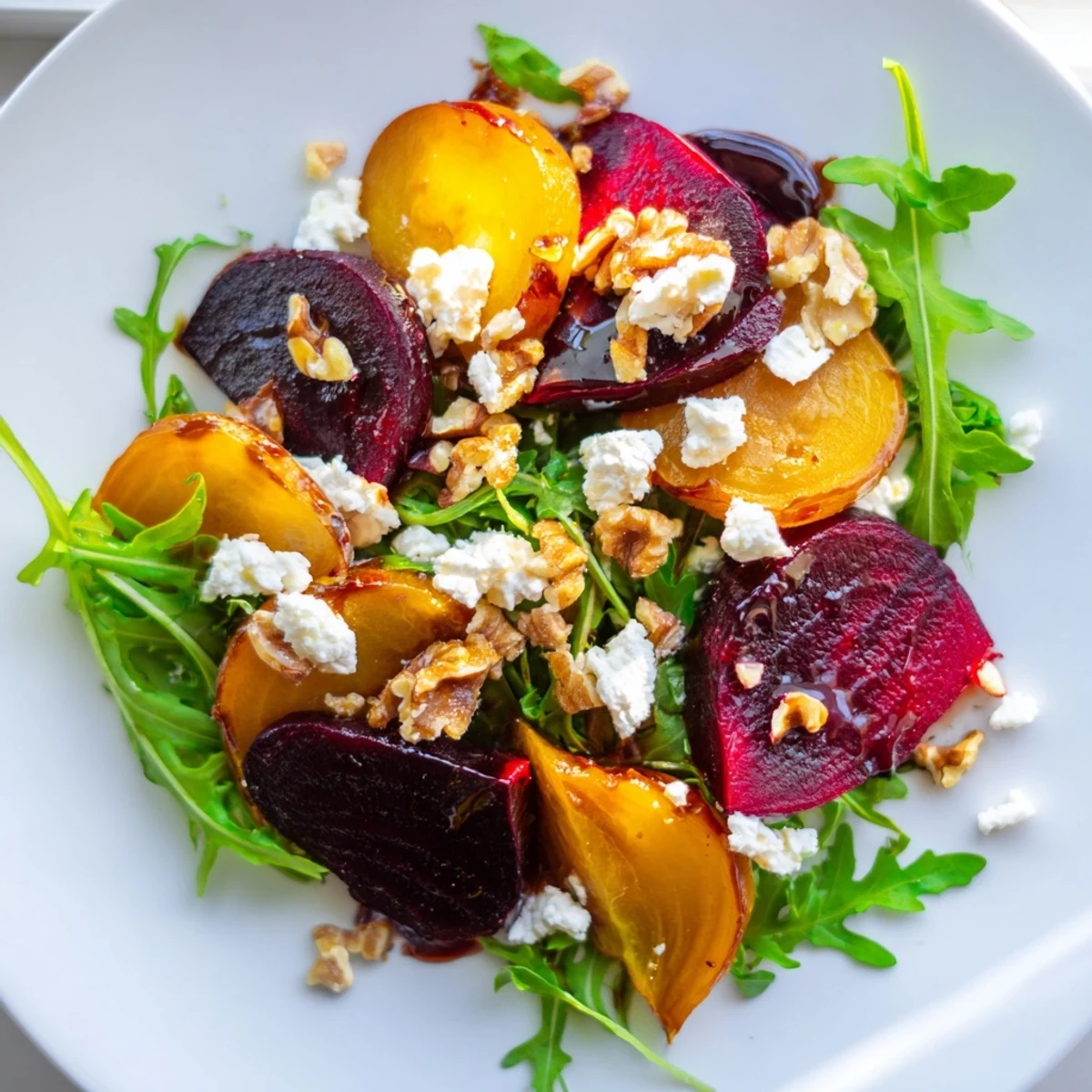 Freshly roasted red and golden beets are arranged over peppery arugula, topped with creamy goat cheese, crunchy toasted walnuts, and a drizzle of balsamic dressing in this Valentine Beet and Goat Cheese Salad.