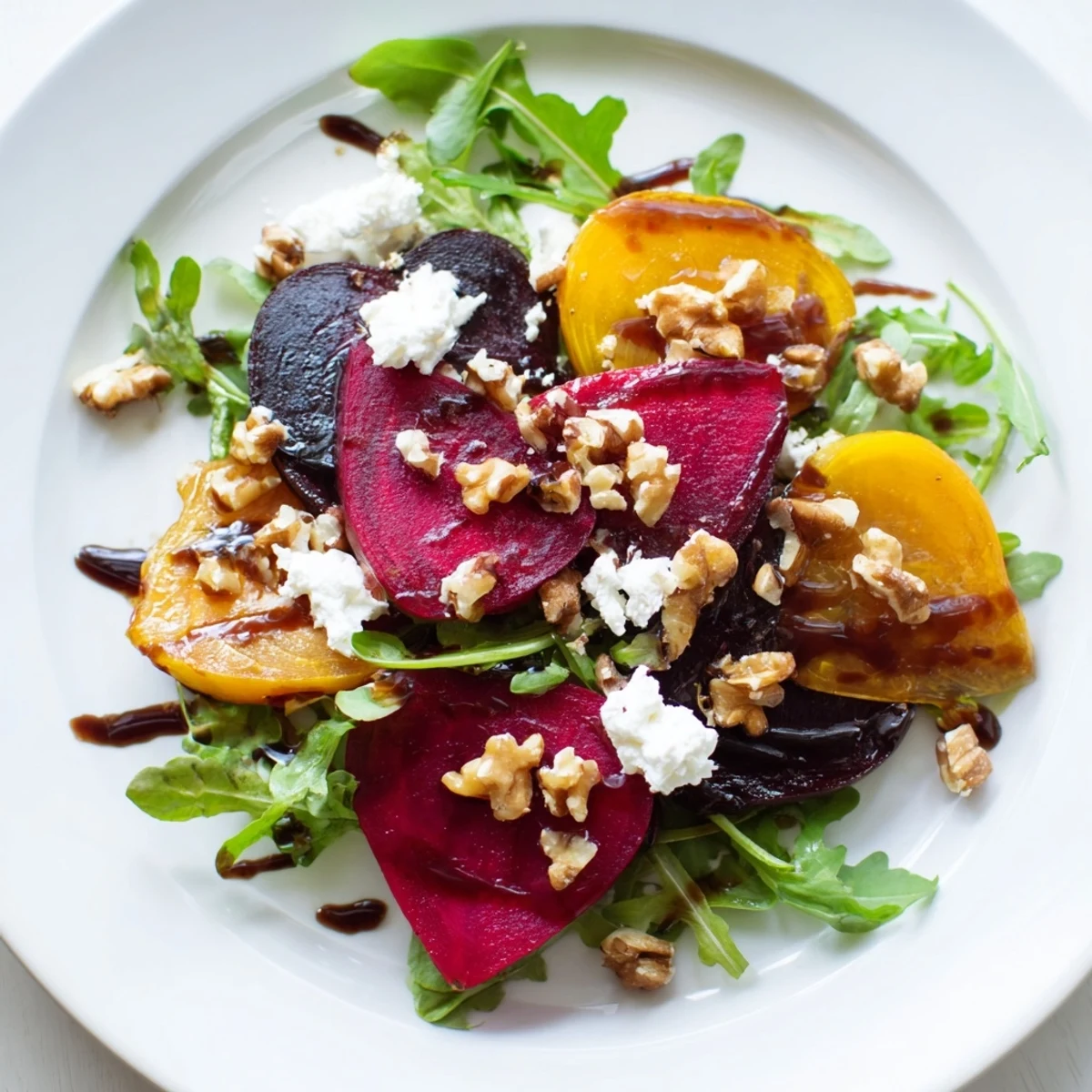 Heart-shaped roasted beets and goat cheese crumbles sit atop a bed of arugula, garnished with walnuts and shallots for the ultimate Valentine Beet and Goat Cheese Salad presentation.