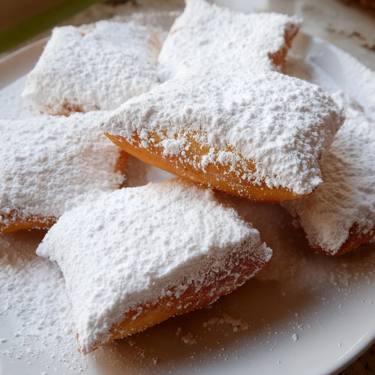 Freshly fried pillowy beignets dusted with powdered sugar and served alongside a warm cup of coffee.