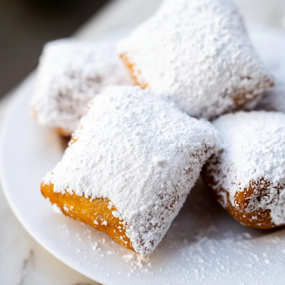 Golden-brown Mardi Gras Beignets with a heavy dusting of powdered sugar, piled high on a rustic plate.