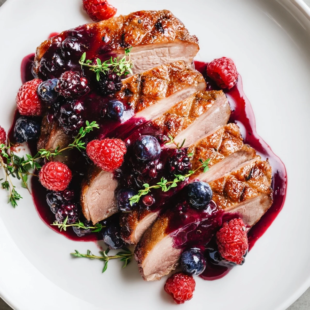 Golden-brown, crispy-skinned Romantic Roasted Duck Breast with Berry Sauce resting on a plate, sliced to reveal tender pink meat.
