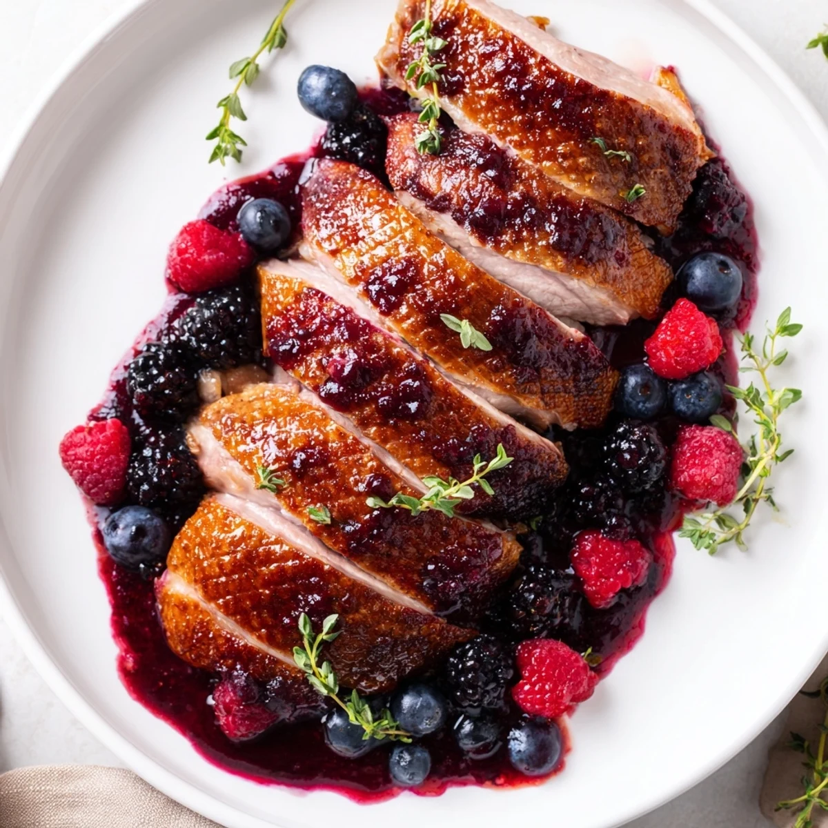 Luscious Romantic Roasted Duck Breast with Berry Sauce served over mashed potatoes, drizzled with glossy, deep red sauce.