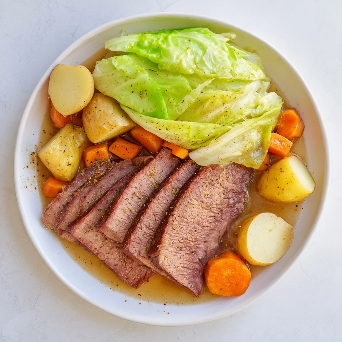 Sliced tender halal corned beef with cabbage, potatoes, and carrots on a platter, ready for a festive St. Patricks Day dinner.