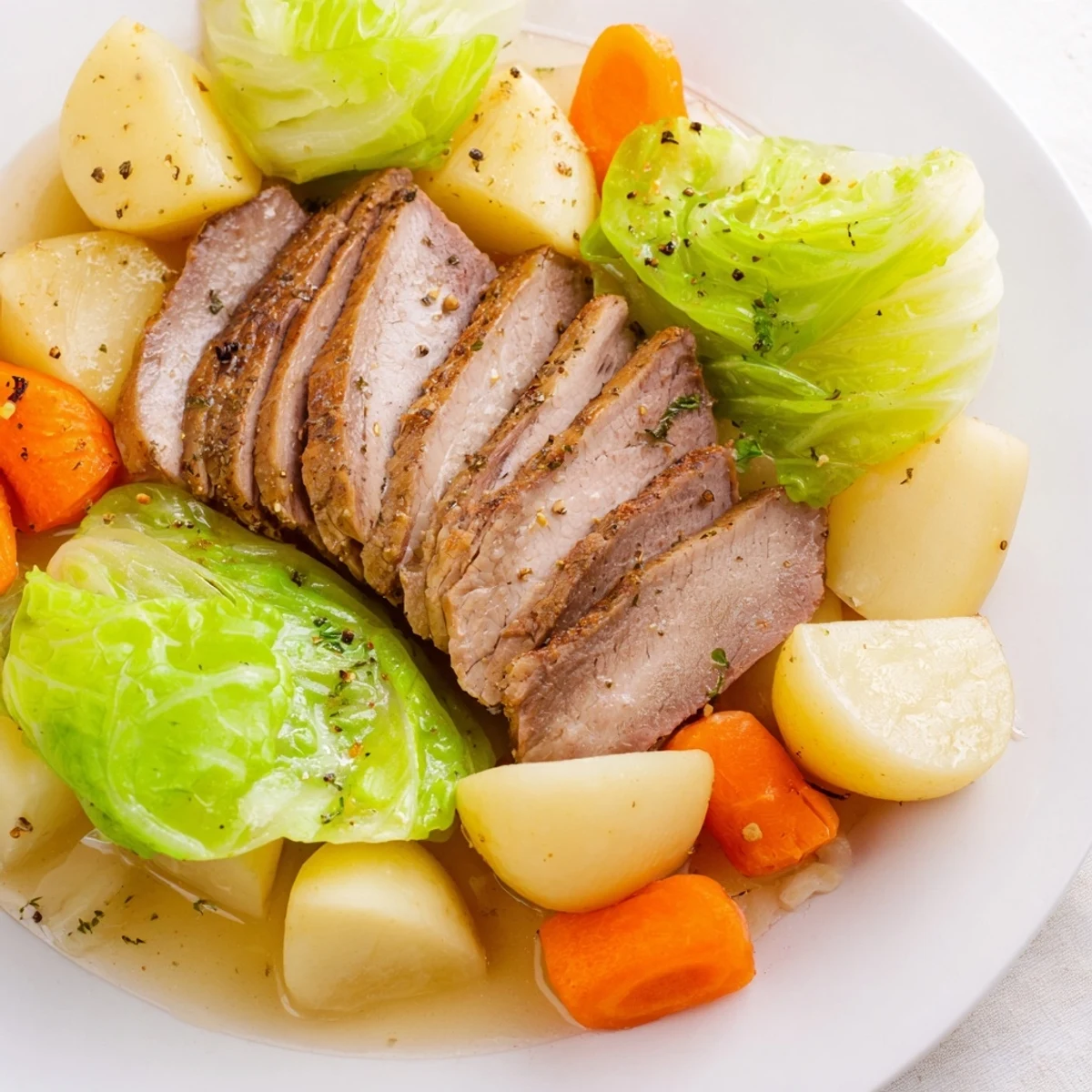 A rustic platter of St. Patricks Day Halal Corned Beef with cabbage, parsnips, and celery, garnished with fresh pepper and herbs.