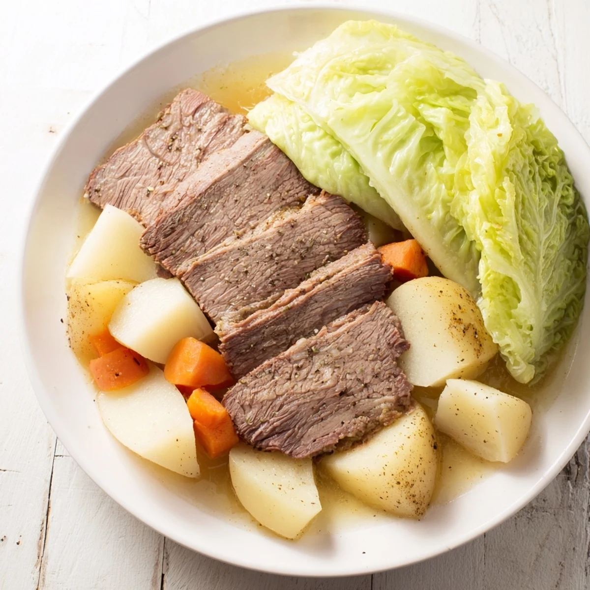 Tender beef brisket simmered with green cabbage wedges, golden potatoes, and bright carrots in a savory broth for St. Patricks Day.