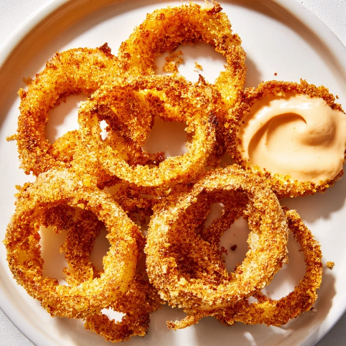 Crispy Air Fryer Onion Rings with Spicy Mayo are golden and crunchy, served hot on a plate with a small dipping bowl.