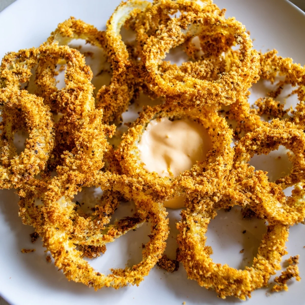 Homemade Crispy Air Fryer Onion Rings with Spicy Mayo arranged on parchment, showcasing golden panko crusts and a creamy dip.