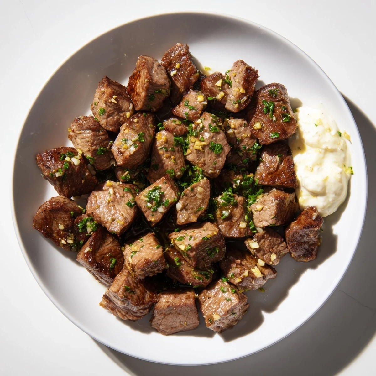 Garlic Butter Steak Bites sizzling in a skillet, coated in garlic butter and fresh parsley.