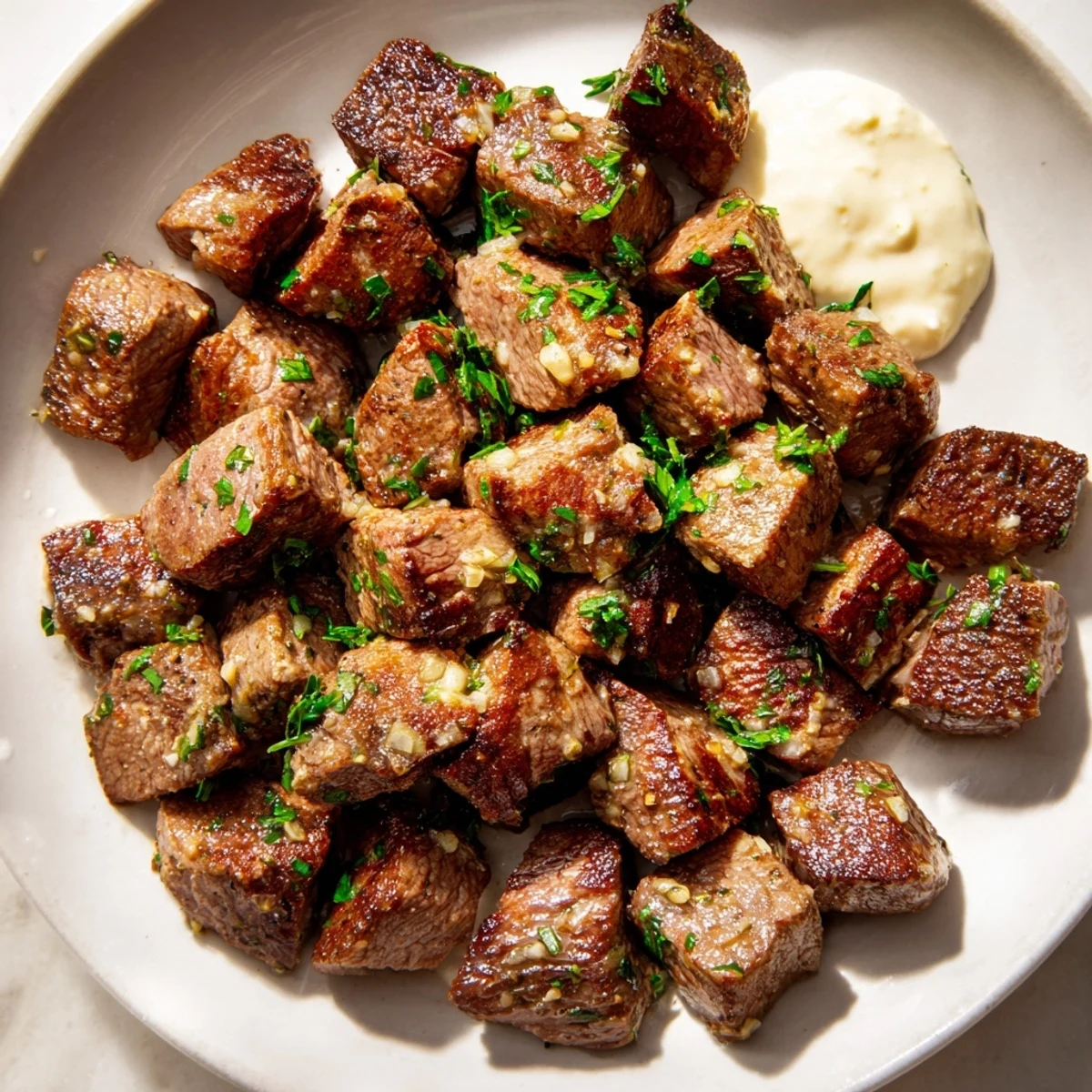 Garlic Butter Steak Bites arranged for a party platter, ready to serve with toothpicks.
