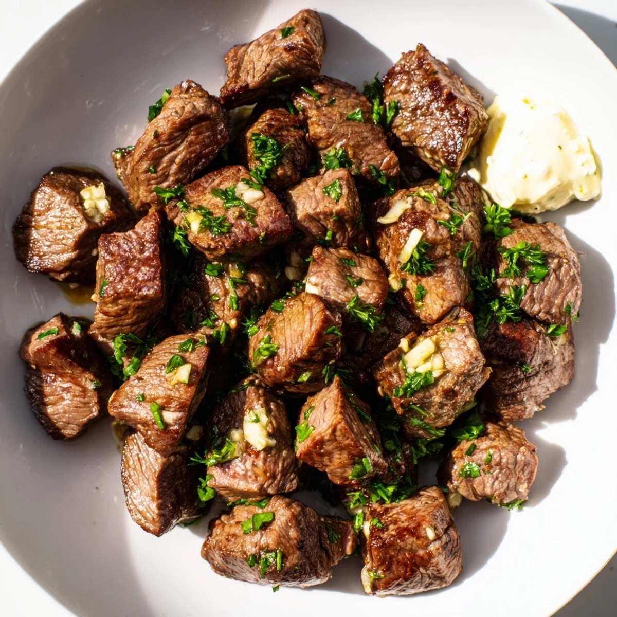 Golden-brown Garlic Butter Steak Bites topped with creamy horseradish sauce in a white bowl.