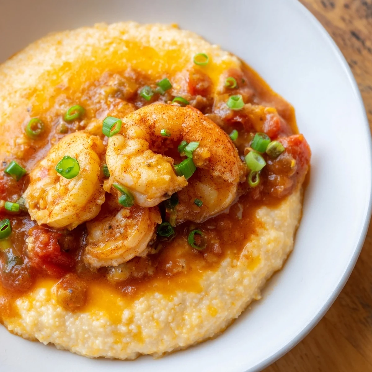 Warm Creole Shrimp and Grits with Tomato Gravy served in a rustic ceramic bowl.