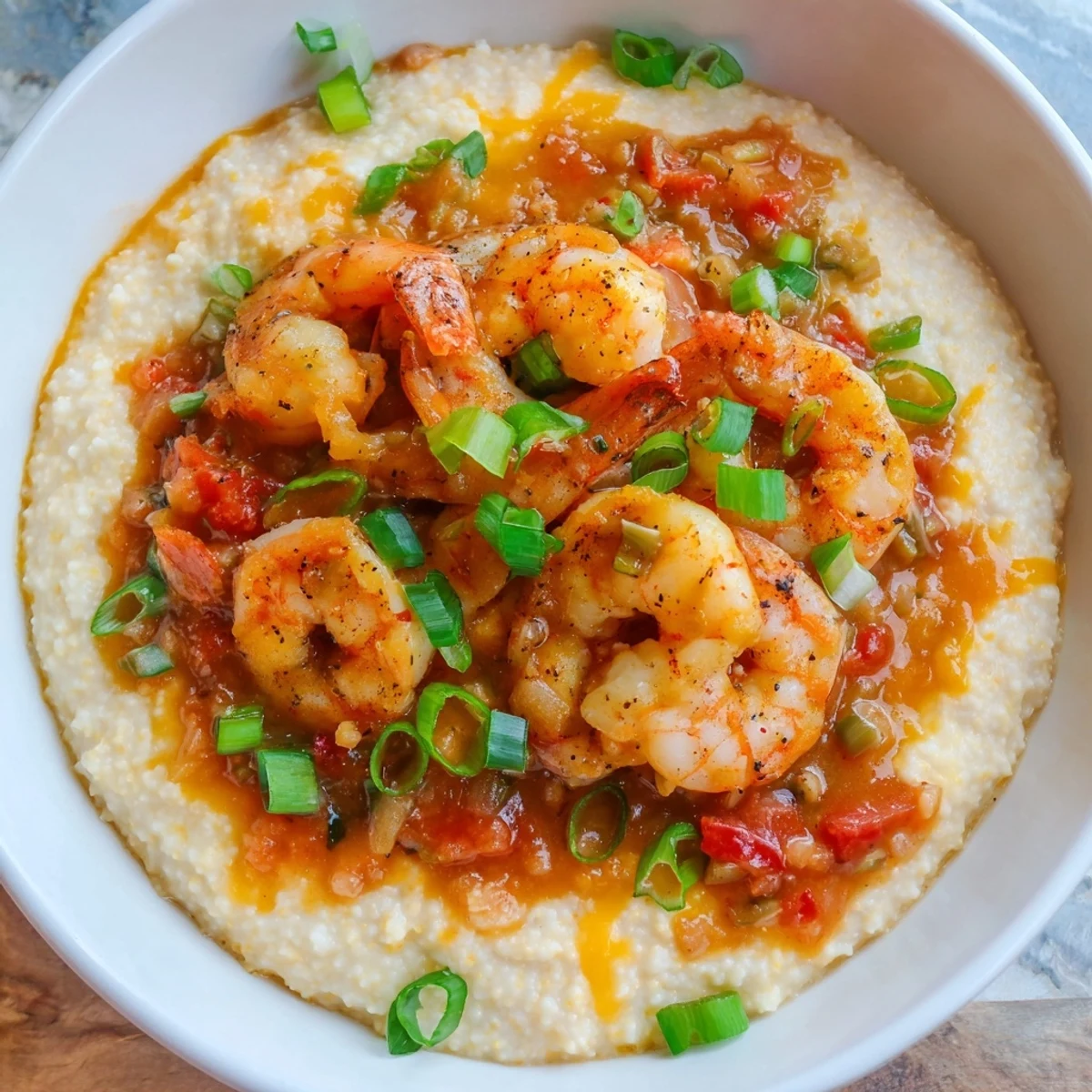 Southern Creole Shrimp and Grits with Tomato Gravy recipe plated for a cozy dinner.