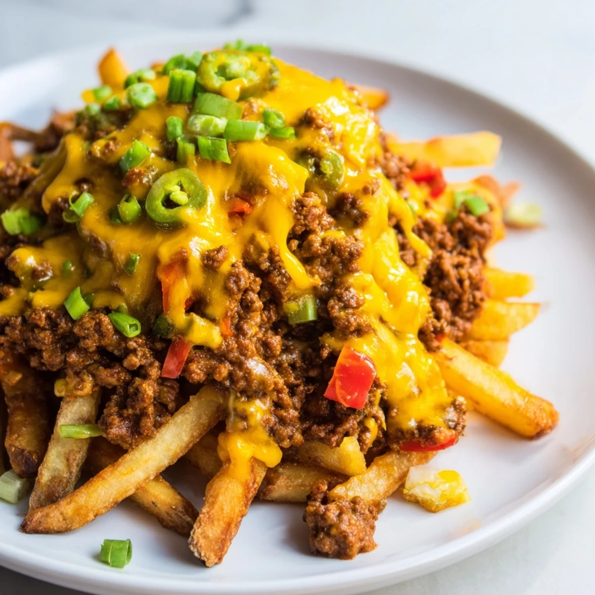 Golden crispy Game Day Chili Cheese Fries piled high with hearty beef chili and gooey melted cheddar cheese.