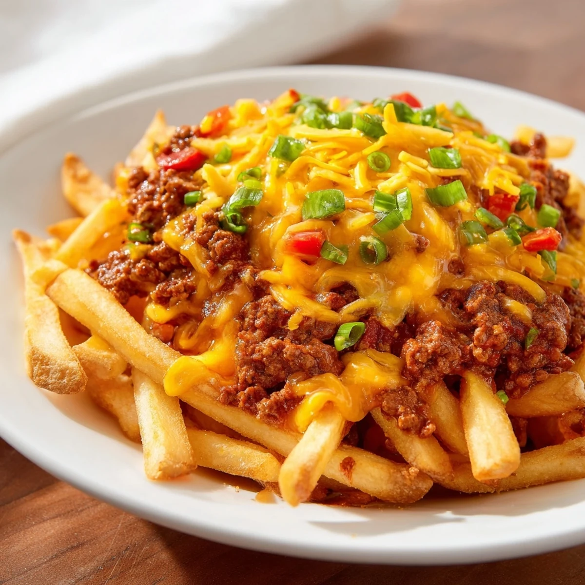 Melted cheddar blankets beef chili loaded Game Day Chili Cheese Fries perfect for a casual game night gathering.