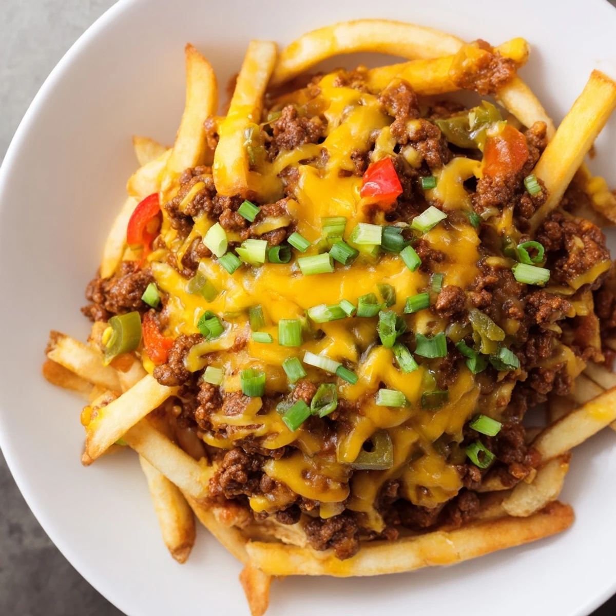 Sizzling hot Game Day Chili Cheese Fries served fresh from the oven topped with fresh cilantro and jalapeños.
