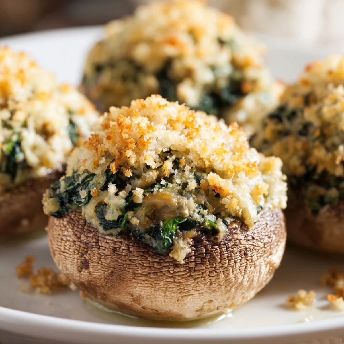 Golden-baked Vegetarian Stuffed Mushrooms with spinach and cheese filling, served warm on a rustic platter.