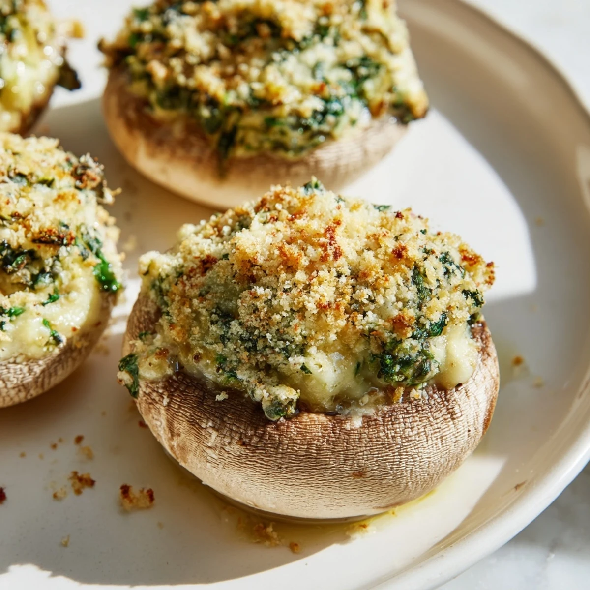 Garlic-infused Vegetarian Stuffed Mushrooms topped with crispy breadcrumbs and golden Parmesan, perfect for party appetizers.